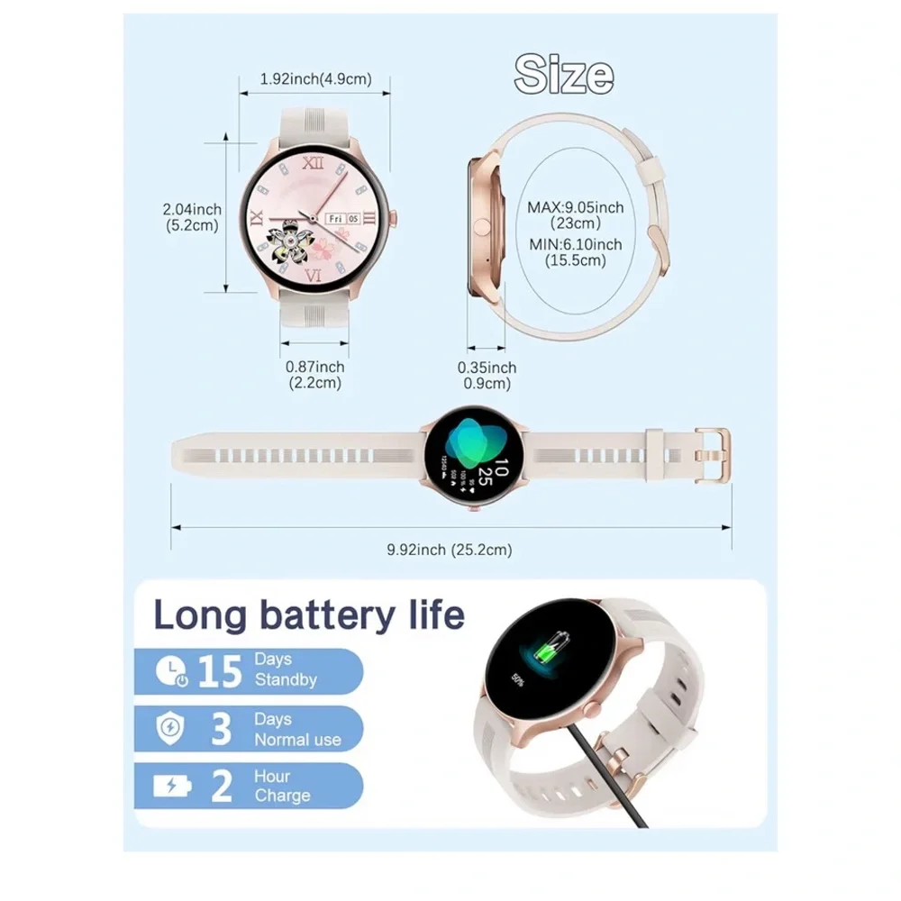 NIB Huakua SmartWatch,Unisex,Calls, Fitness,Health Tracker,Waterproof Ivory/Gold